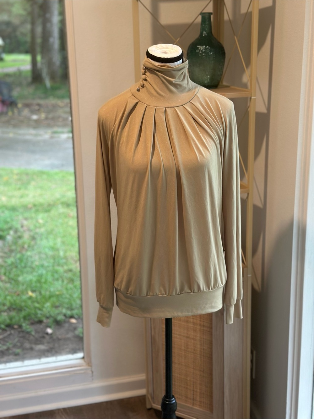 New York & Company Muted Gold Pleated Blouse with Slight Metallic Sheen - XS